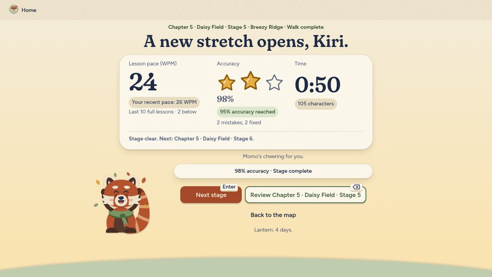 The end of a lesson: two of three big stars filled, with 98% accuracy in small type below them and the note 95% accuracy reached, then 24 words a minute in 0:50 with the line Your recent pace: 26 WPM, Last 10 full lessons, 2 below, and the note 2 mistakes, 2 fixed. Stage clear: the next stage, Chapter 5 Stage 6, opens for Kiri.